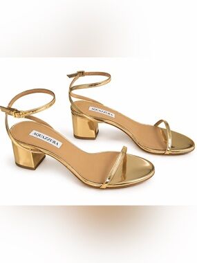 Aquazzura Metallic Gold Ankle-Strap Block Heel Sandals, size 38.5